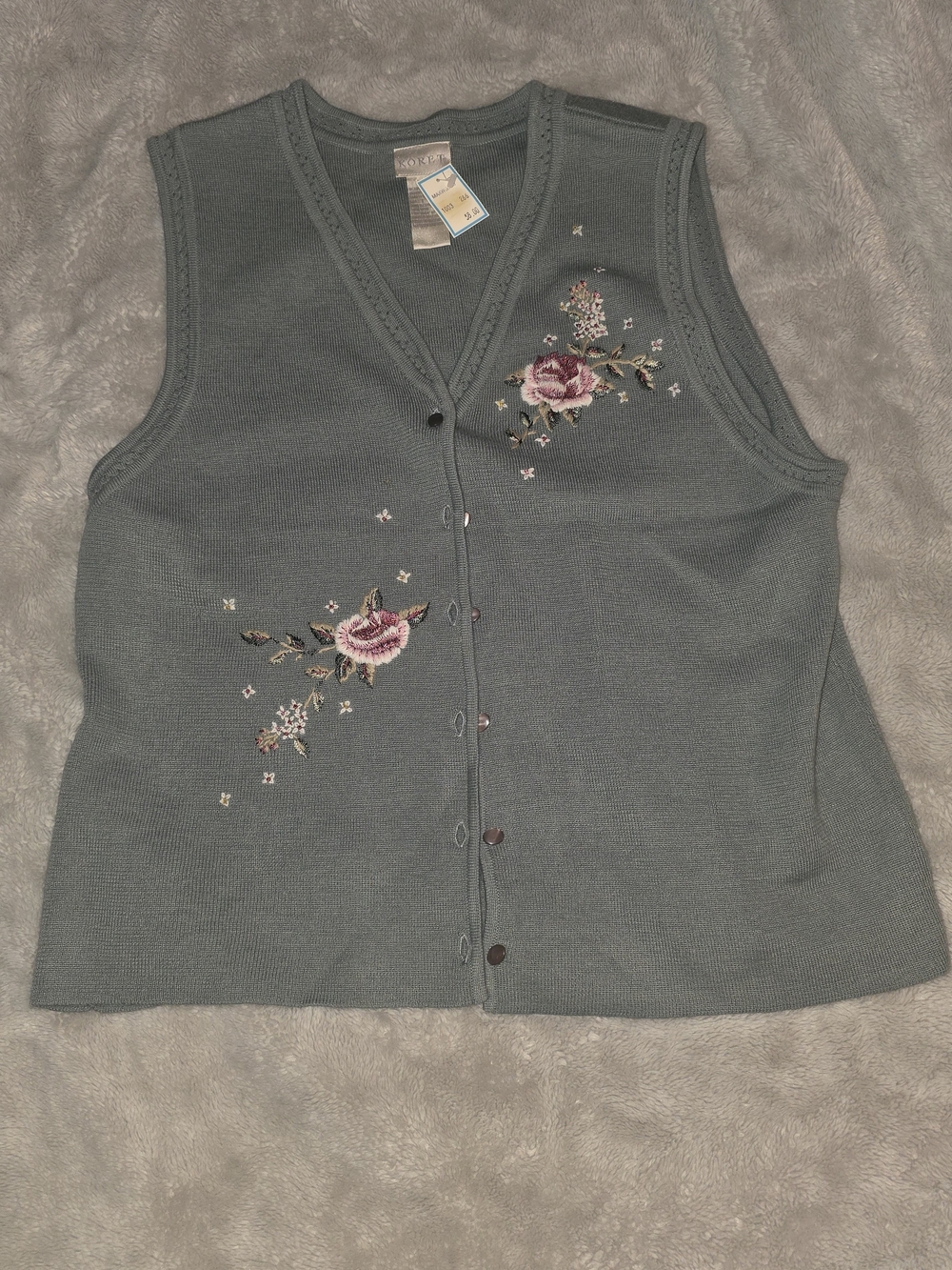Koret Sage Green Embroidered Rose Button-Front Vest